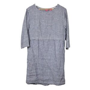 ISAAC MIZRAHI 100% Linen Pinstriped Shift Dress, White/Blue, Size Small